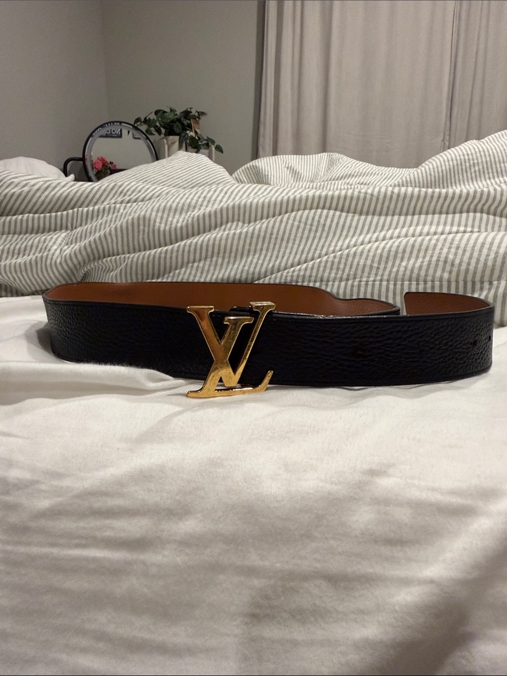 Louis Vuitton Black Leather Belt with Gold LV Logo Buckle